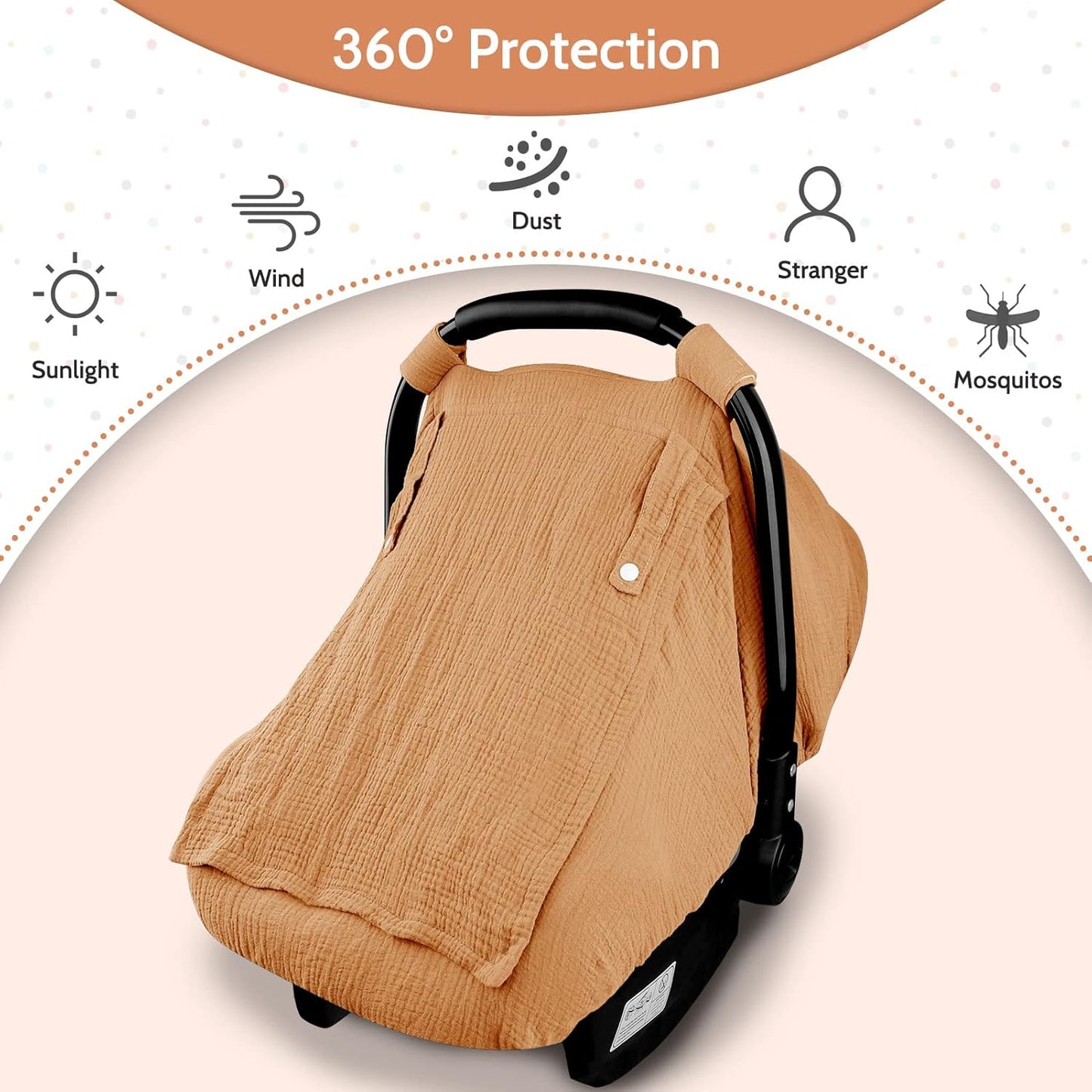 Hooyax Muslin Car Seat Covers for Babies, Summer Baby Car Seat Cover for Boys Girls with Breathable Window, Lightweight Infant Car Seat Canopy, Brown