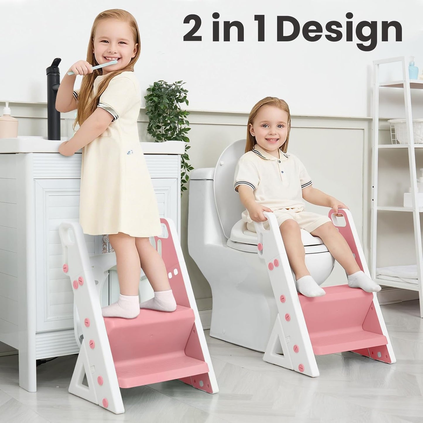 Primlect Space-Saving Potty Training Seat with Ladder, Adjustable Step and Toilet Seat Height, Top Handles for Easy Climbing, Easy to Carry, Portable Toddler Toilet Trainer for Small Bathrooms