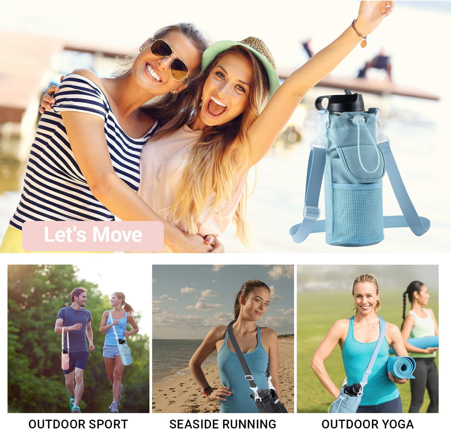 RRegeny【NEW STYLE Water Bottle Holder Crossbody Bag with Shoulder Strap, Leakproof Water Bottle Carrier for Hydro Flask16-40oz, Hands-Free Fitness Bag with Zipper Pockets for Hiking Travel Gym