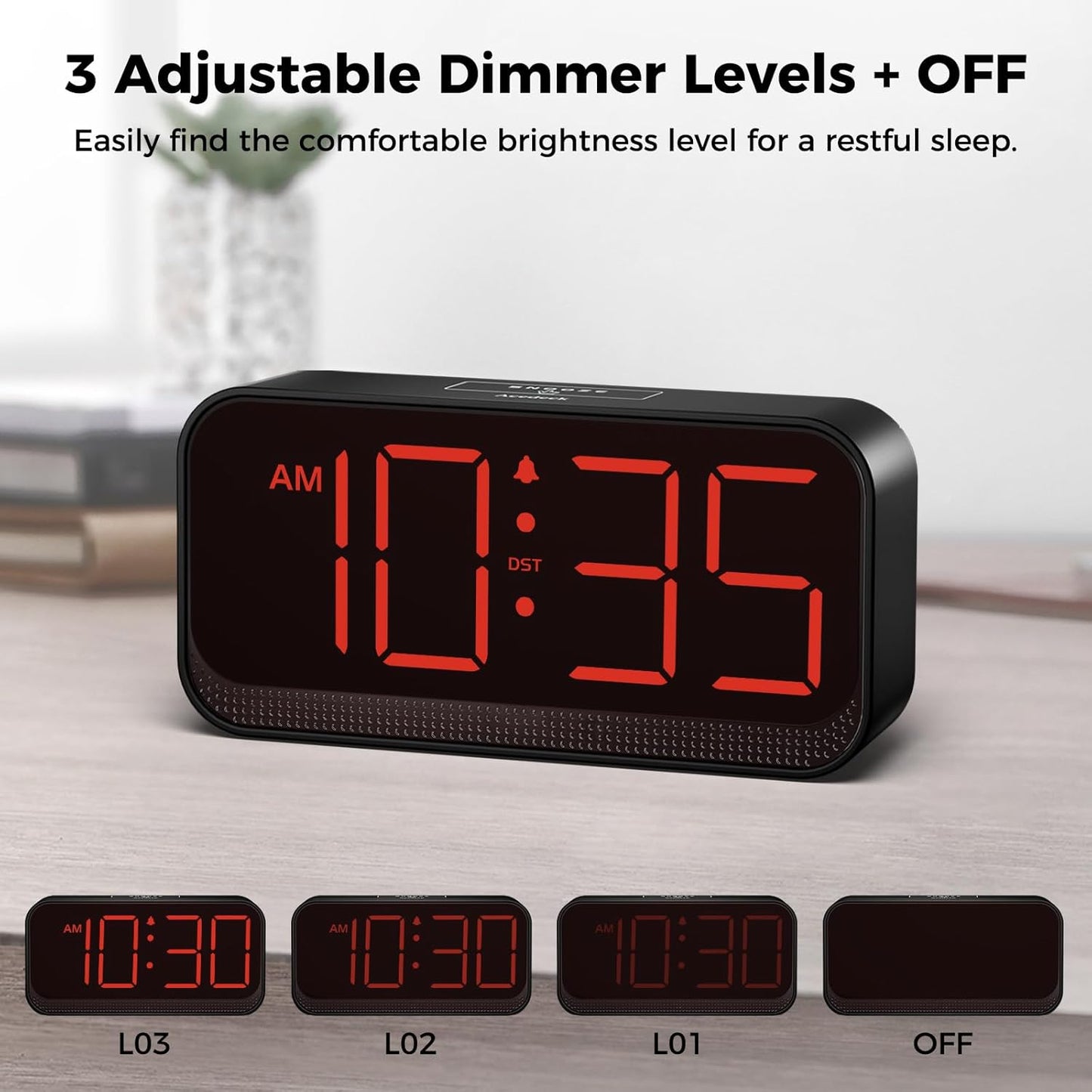 Battery Operated Digital Clock: Cordless Small Alarm Clock for Bedroom Travel - Large Numbers 4 Dimmers for All Ages Red Digits