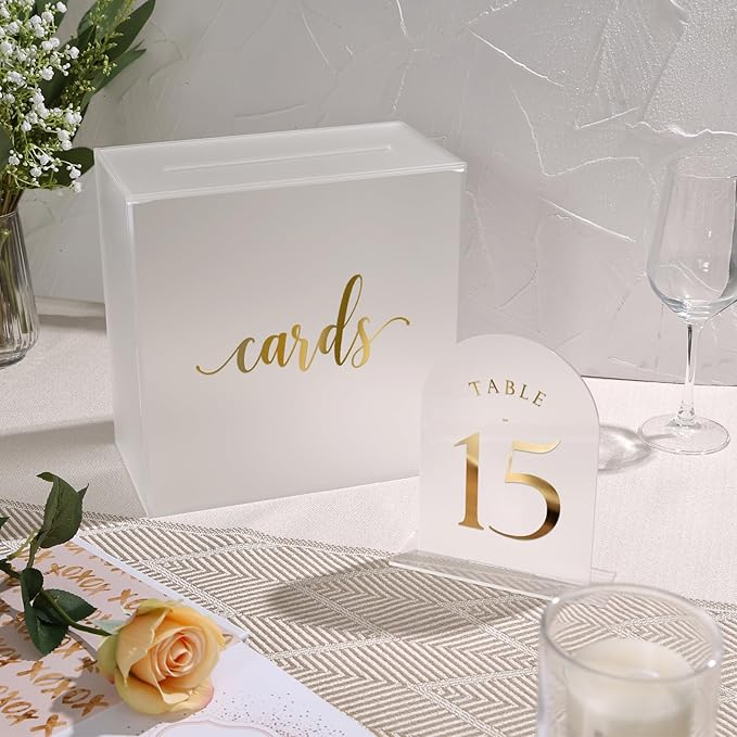 UNIQOOO Frosted Arch Wedding Table Numbers 1-15 w/Stands, Gold Foil Printed 5x7 Acrylic Display Signs &Holders, Pack of 15, Perfect for Centerpiece, Reception, Decoration, Party, Anniversary, Event