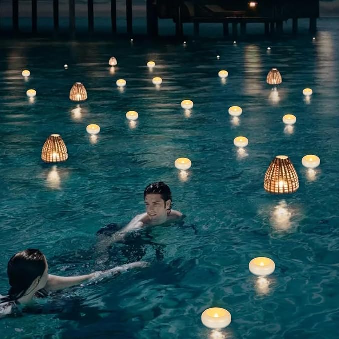 24Pack Waterproof Flameless Floating Tealights, 120+Hour Warm White Battery Flickering LED Tea Lights Candles - Wedding, Party, Centerpiece, Pool & SPA.