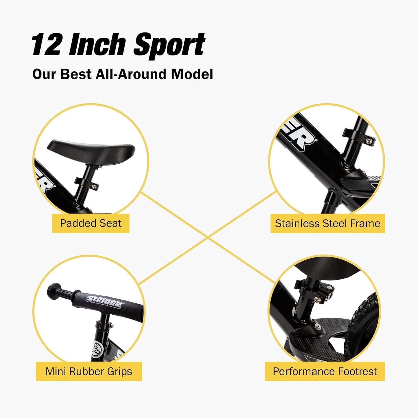Strider 12” Sport Bike - No Pedal Balance Bicycle for Kids 1 to 4 Years - Includes Safety Pad, Padded Seat, Mini Grips & Flat-Free Tires - Tool-Free Assembly & Adjustments