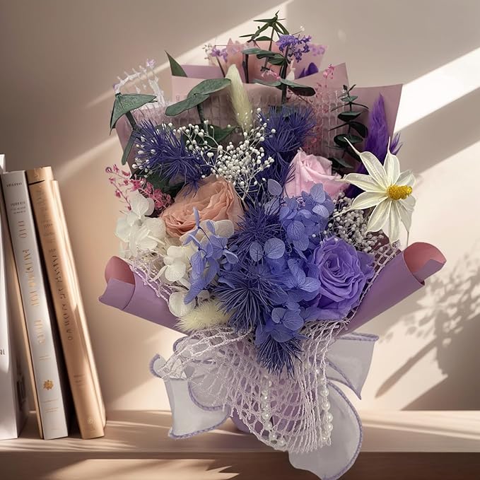 Preserved Flowers Bouquet Romantic Valentines Day Gift for Her LED Light 3 Preserved Real Rose for Delivery Christmas Mothers Day Birthday Gifts for Women Mother Wife Girlfriend (Purple)