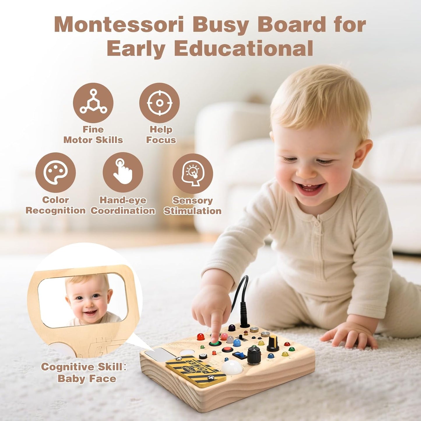 Joyreal Busy Board with 22 LED Light - Montessori Toys for 1 2 3 Years Old, Wooden Toddler Sensory Board for Kids with Autism, Fidget Board Travel Toys for 1+ Year Old Boy & Girl Birthday Gift (Big)