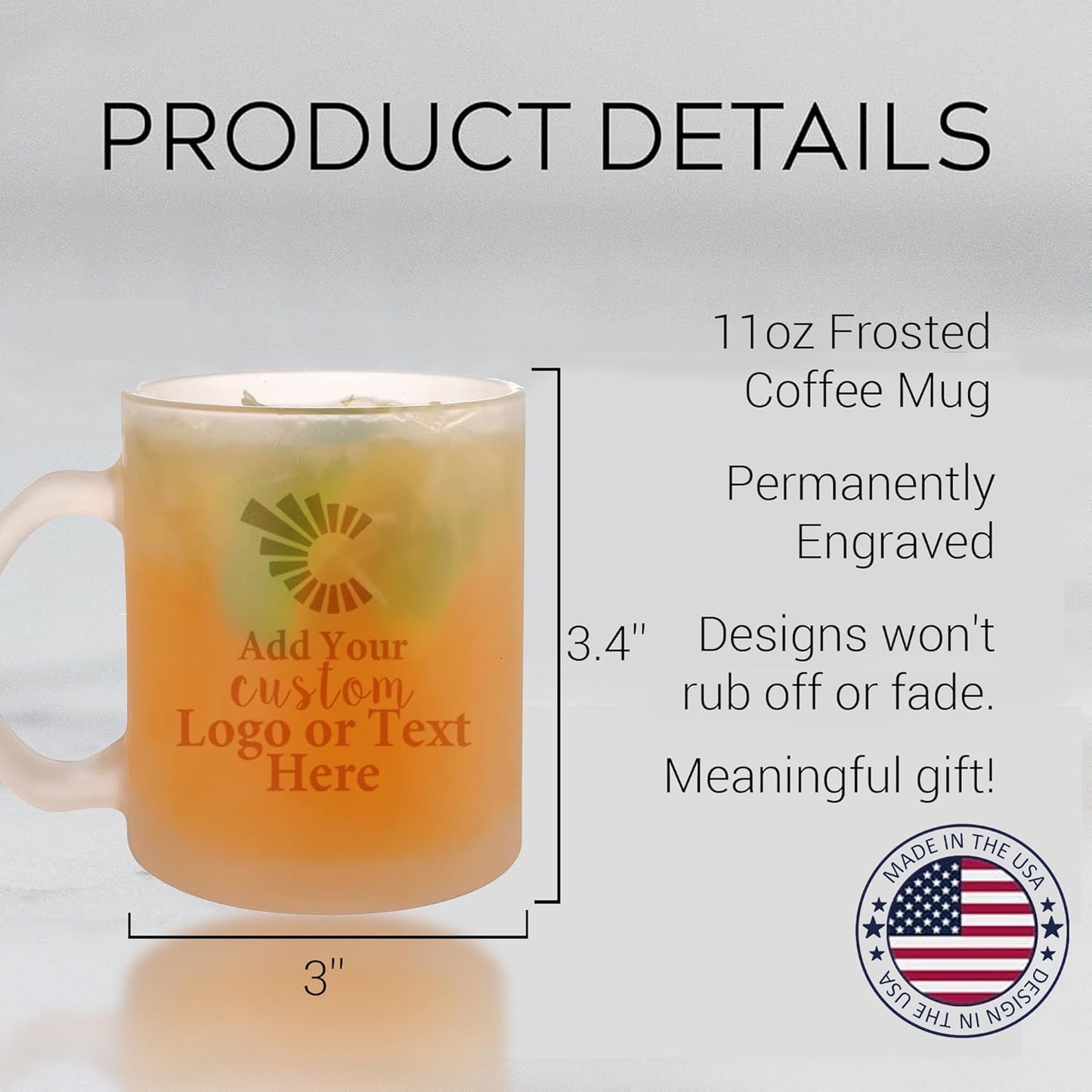 Personalized Coffee Mug Engraved with your Custom Text - Customized 11oz Frosted Glass Mugs, Hot Chocolate Mug, Tea Cup, Birthday Gifts, Retirement Gift (Engraved Custom Logo, Frosted)