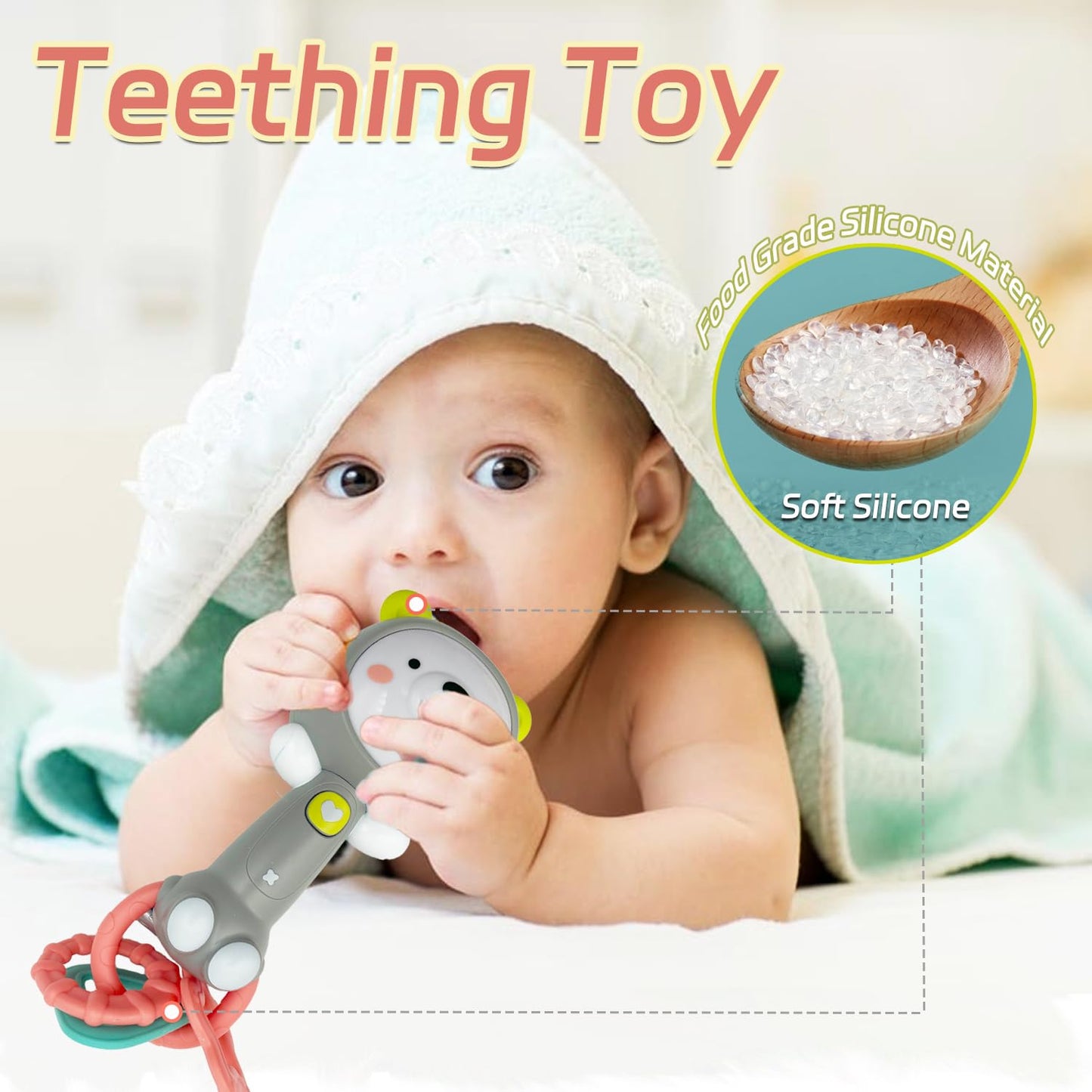 Baby Music Rattle, Teething Toys for Infants 6-12-18 Months Toddlers, Light-Up & Chew Sensory Toys for Baby Boy Girl Gifts (Grizzlies)