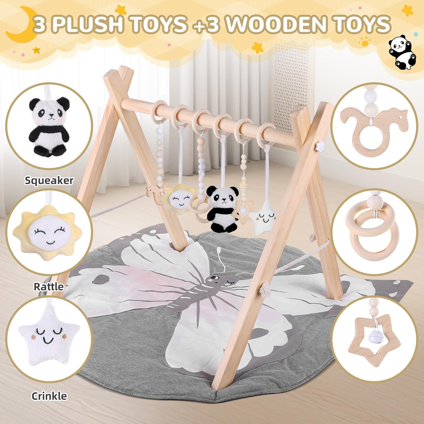Wooden Play Gym with Mat, Foldable Baby Activity Gyms for Infants Newborn Baby Girl and Boy, Tummy Time Baby Infant Toys 0-6 6-12 Months (Gray)