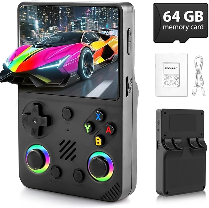 RG36PRO Retro Handheld Game Console - Open Source System,3.5"IPS Screen,30,000+ Classic Games,64G TF card, 3000mAh Battery,Portable Gaming Player for Travel,Gift for Teen or Partner -Black