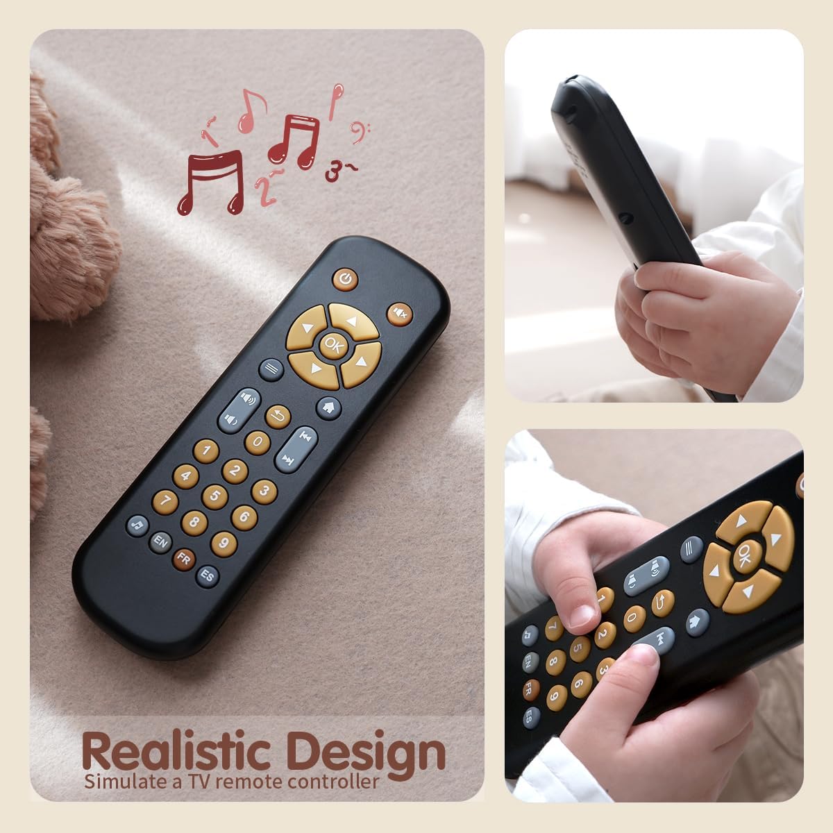 Nueplay Baby TV Remote Control Toy with Light and Sound, Toddler Realistic Controller with 3 Languages, Early Educational Learning Musical Toys, Preschool Infant Boys Girls 6, 12, 18 Months, Black