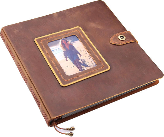 Leather photo Album Self Adhesive Pages, Handamde Leather Scrapbook Photo Album, Wedding Family Album, Holds 3x5, 4x6, 5x7, 6x8, 8x10 Photos - Brown