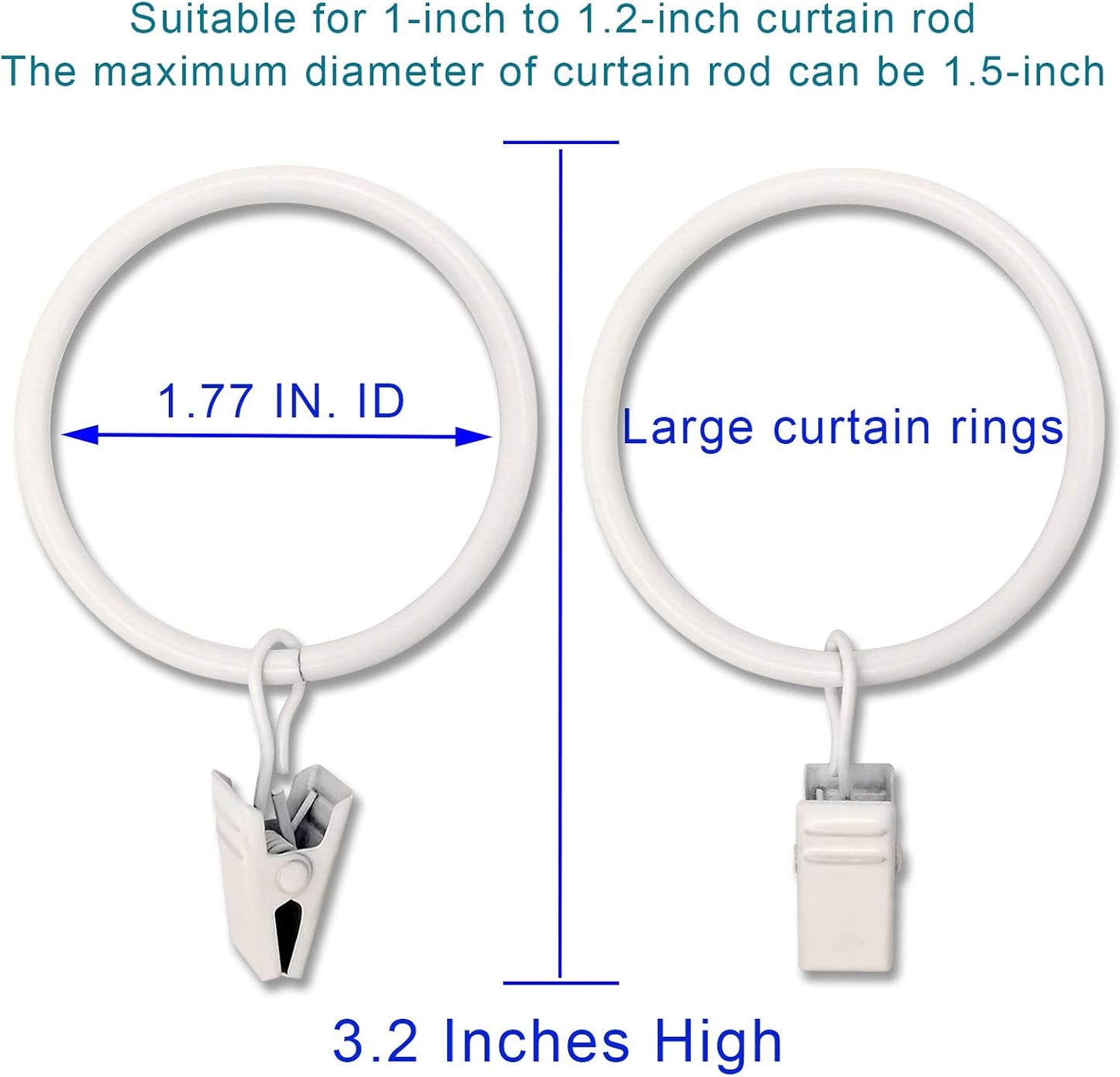 20 Pack White Curtain Rings with Clips, Curtain Hooks Hangers Clip Rings for Hanging Drapes Bows Hat, Drapery Rings 1.77 in I D, Fits up to 1.5 in Diameter Curtain Rod.