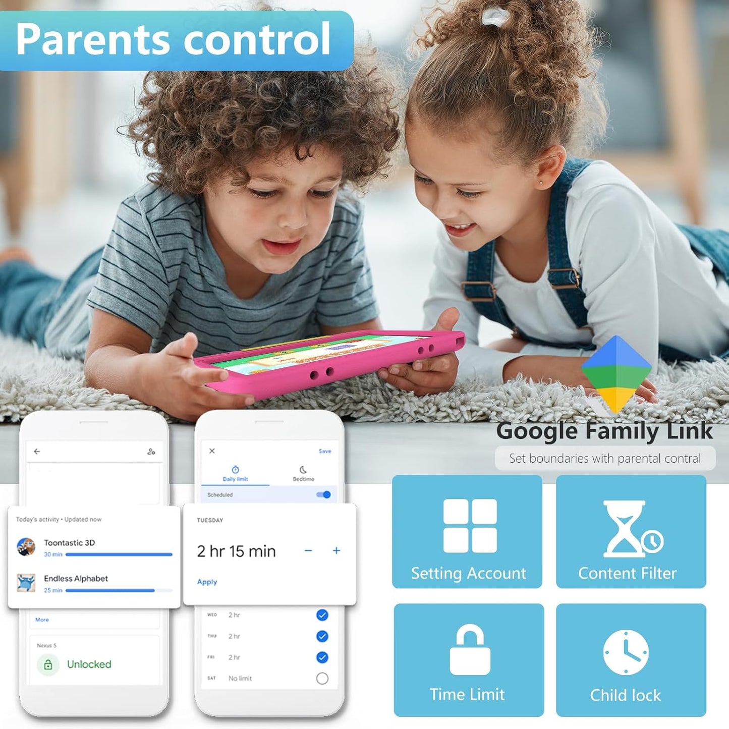 Tablet for Kids 10.1 inch Android 14 6000mHA 8GB RAM+64GB ROM(Expandable to 1TB Kids Tablet Age 3-12 with Case& Lanyard WiFi6 Google Kids Space Parental Control 1280 * 800 HD Screen Pink