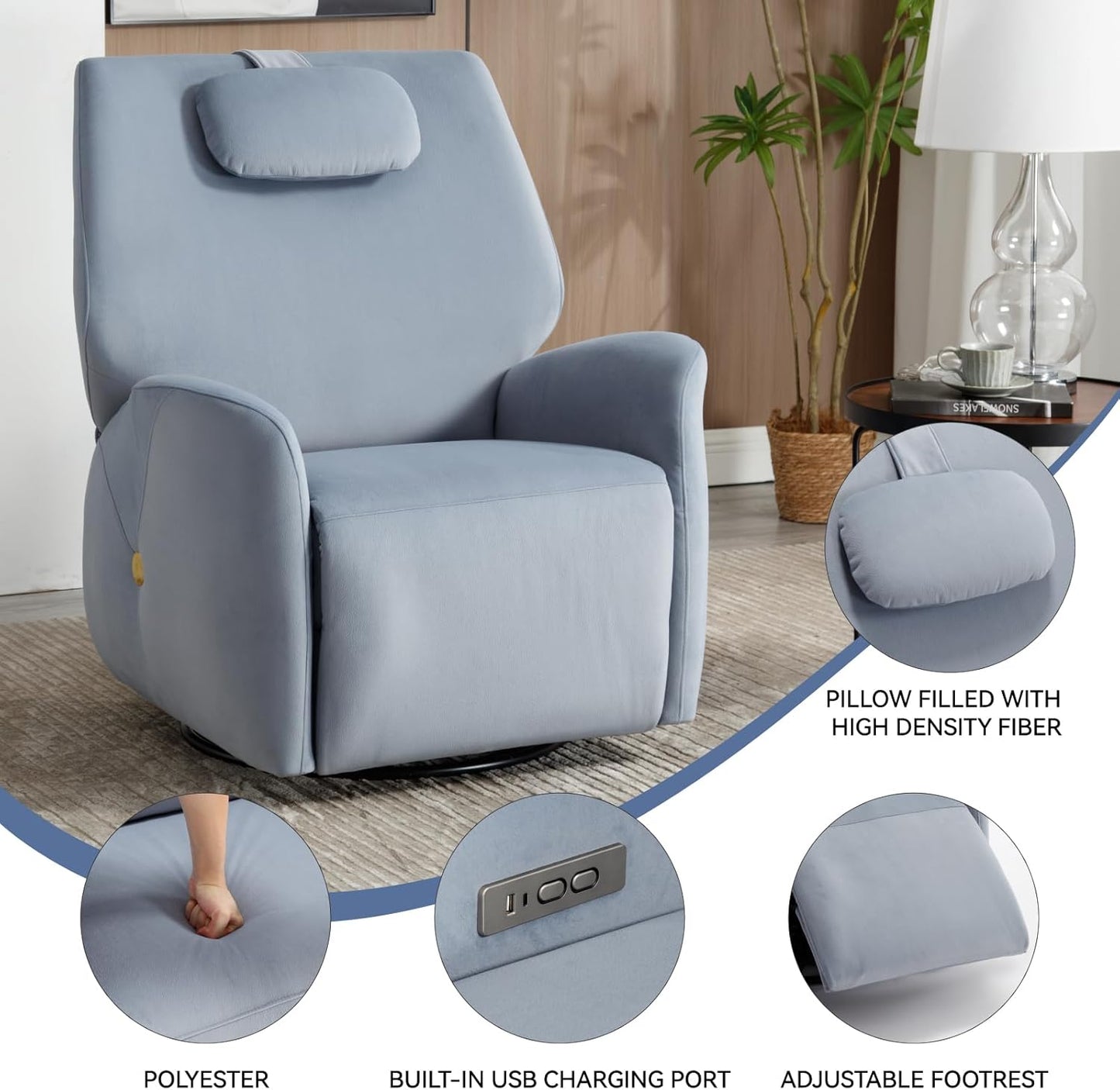 Glider Rocking Chair Nursery, Swivel Rocker, Power Recliner Chair, Nursery Glider Recliner with Adjustable Headrest, USB Ports, Living Room Chairs, Fabric (Fabric Blue, Adjustable Headrest)