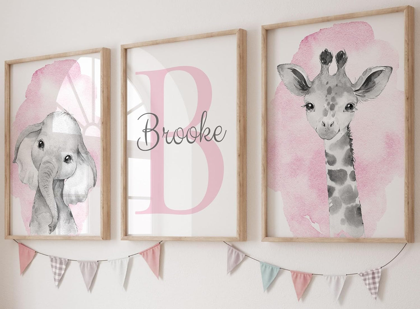 Safari Animals Set of 3 Unframed Poster Prints for Baby Girls Nursery Bedroom Playroom, Personalized Name, Choice of 12 Animals, Pink Purple (12x16)