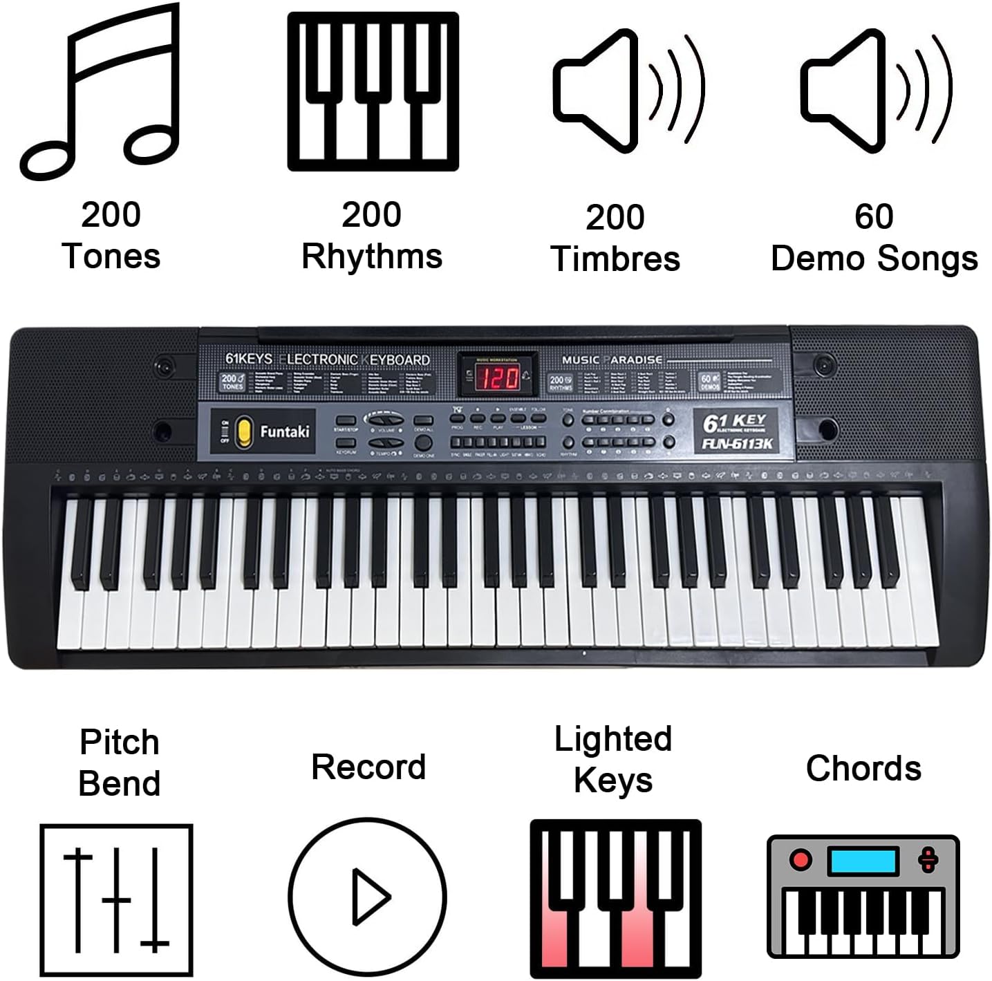 Portable 61 Keys Digital Piano, Electronic Keyboard Piano with Lighted Keys & Sheet Music Stand, Mini Keyboard Piano for Beginners Kids Adults, Digital Keyboards, Black