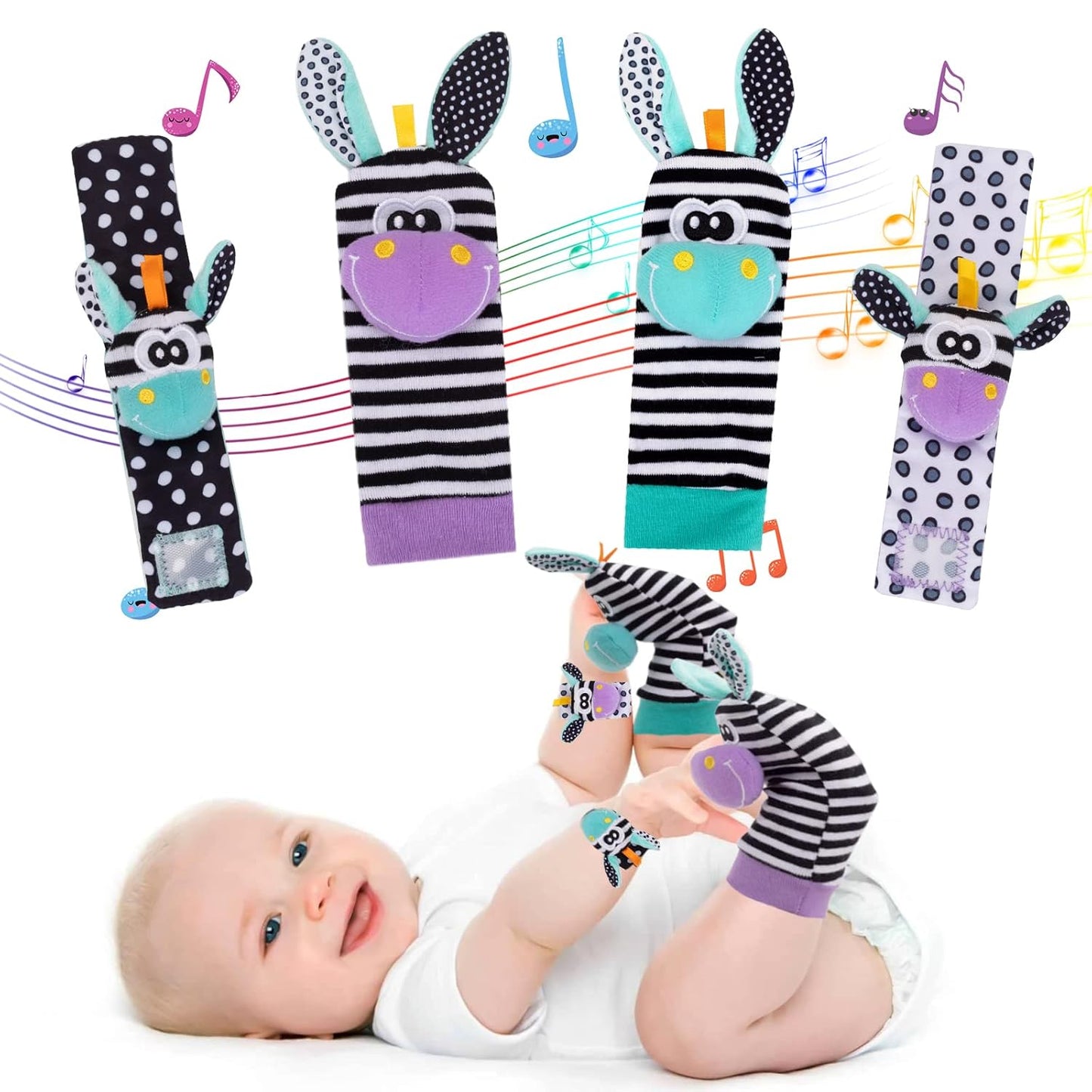 Wrist Rattles for Babies Rattle Socks Wrist Strap Rattles Set Cartoon Socks Cute Animal Baby Sensory Development Toys 1-3 Years Early Educational Toys for Toddlers Baby Shower Gifts