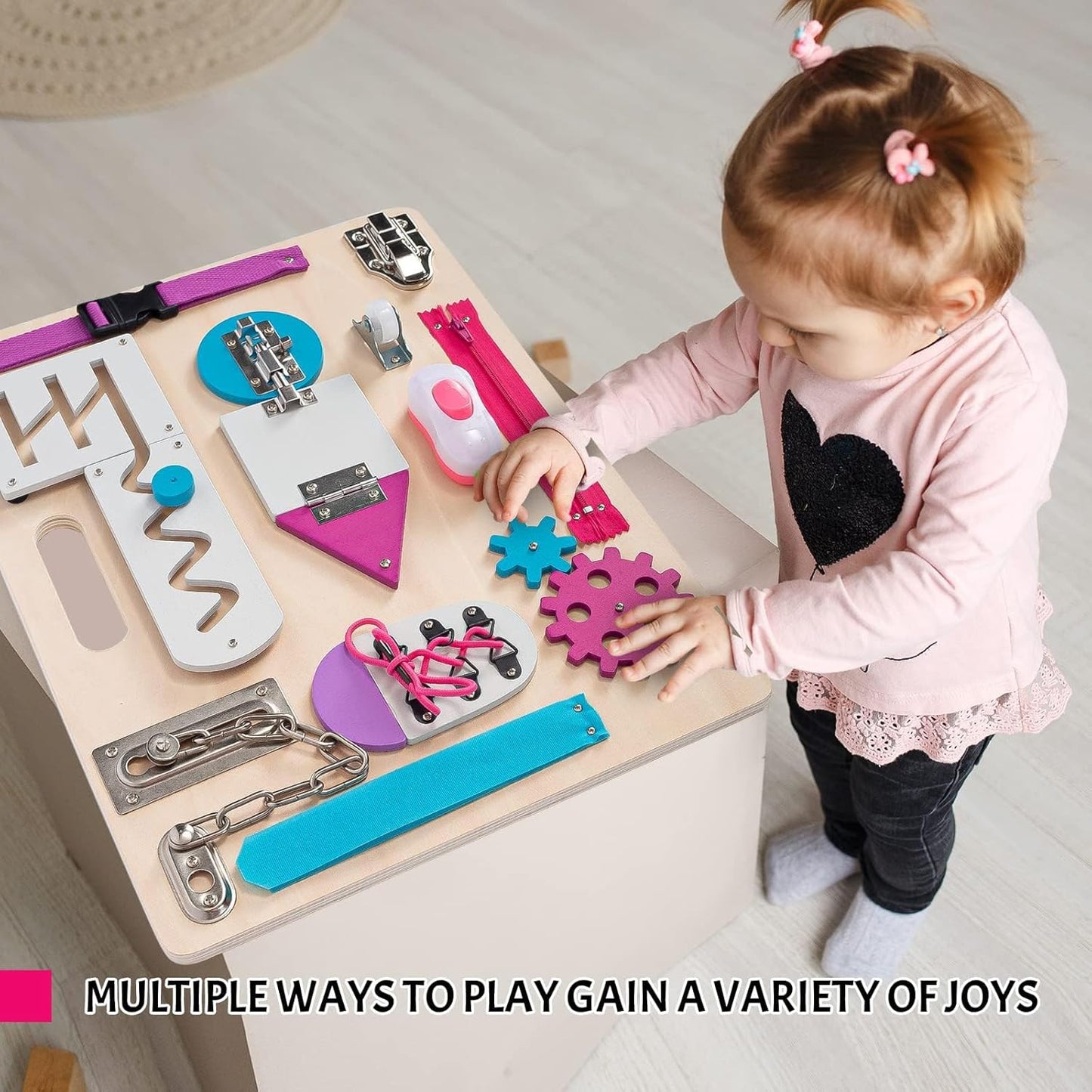 Montessori Busy Board for Toddlers, Wooden Sensory Toys, Kids 1-3 Travel Toy, Preschool Learning Activities for Fine Motor Skills, Basic Life Skills Educational Gifts for 1 2 3 Years Old Girls (Pink)