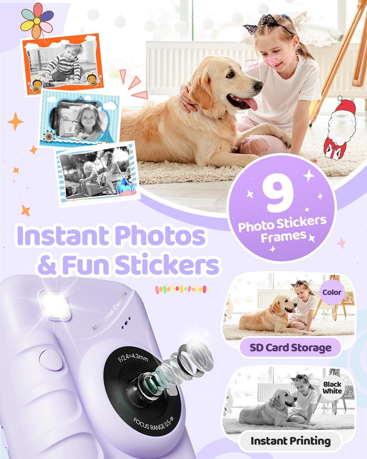 Kids Camera Instant Print for Girls Ages 3-14, 3-inch HD Screen Camera for Kids with Printing Paper, 1080P Digital Toddler Toys for 4 5 6 7 8 9 10 11 12 Years Old (Purple)
