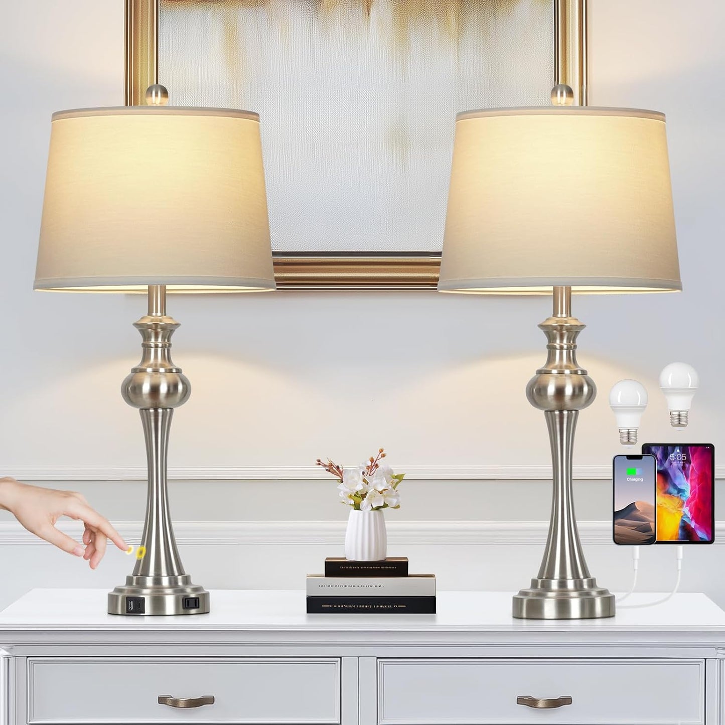 28.75"Silver Table Lamps Set of 2, 3 Way Touch Control Living Room Lamps with USB A+C Ports & Outlets , Modern Bedside Lamps, Elegant Metal Nightstand Lamps for Bedroom Office End Table Decoration