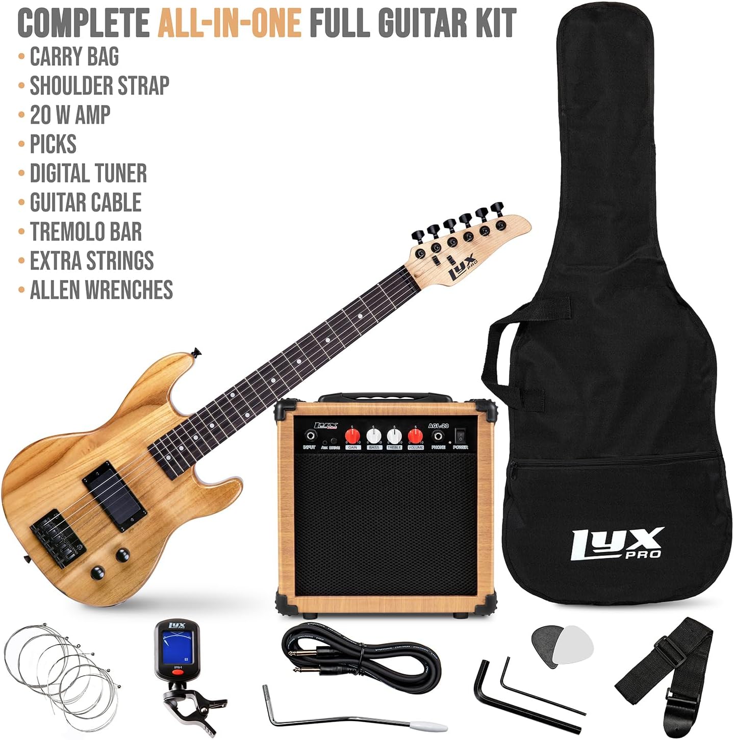 LyxPro 30 Inch Electric Guitar and Starter Kit for Kids with 3/4 Size Beginner’s Guitar, Amp, Six Strings, Picks, Shoulder Strap, Digital Clip On Tuner, Guitar Cable and Soft Case Gig Bag - Natural