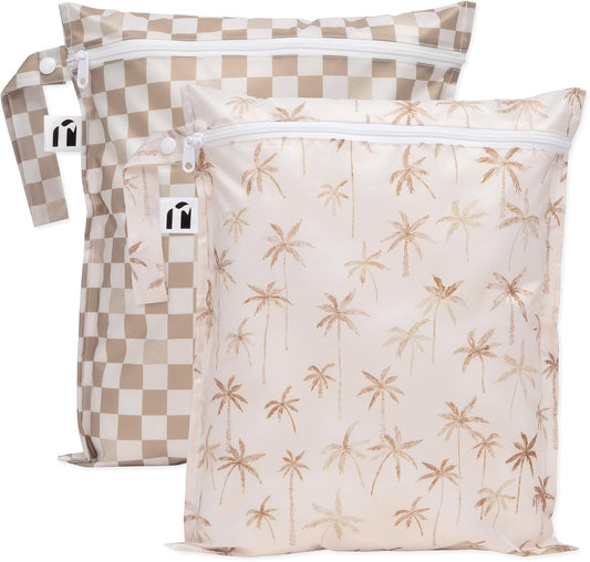 Bumkins Roamio - Waterproof Wet Bag - For Baby, Travel, Swim Suit, Cloth Diapers, Pump Parts, Pool, Gym, Toiletry, Strap to Stroller - Reusable & Easy to Clean - 2pk - Beige Check