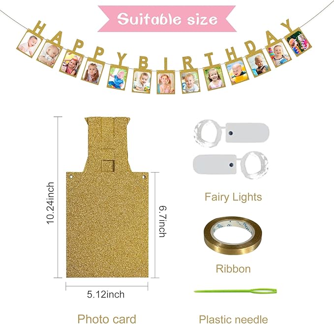 Birthday Photo Banner with 2 Strings of Fairy Lights for Children and Adult Birthday Party Decorations, Annual Milestone Happy Birthday Banner (Gold)