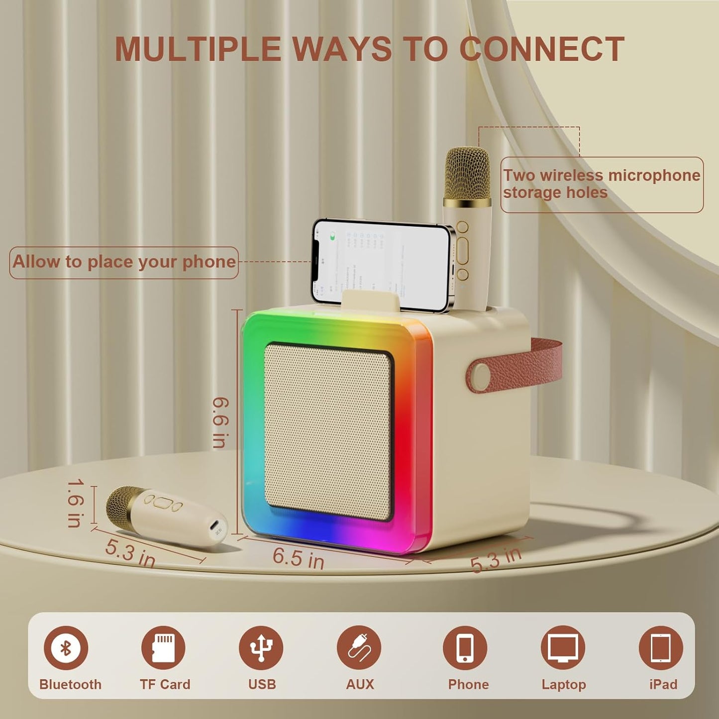 Karaoke Machine for Kids Adults, Portable Bluetooth Karaoke Speaker with 2 Wireless Microphones, Karaoke System with Mics Storage Hole and Lights, Birthday Gifts for Girls Boys Family Home Party