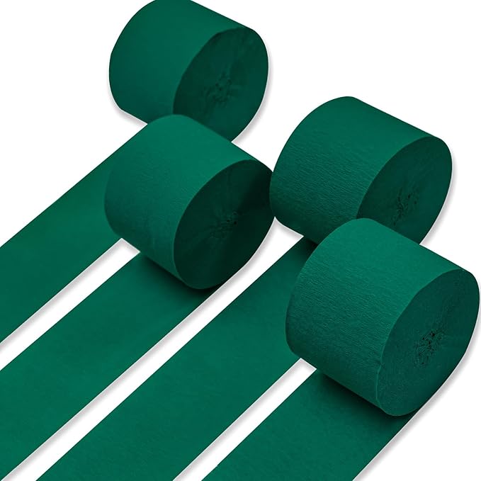 PartyWoo Dark Green Crepe Paper Streamers 4pcs 328ft Pack of Emerald Forest Hunter Green Crepe Paper Streamers for Birthday Baby Shower Woodland Dinosaur Jungle Football Theme Party Decorations