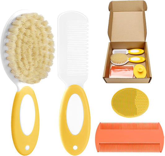 Baby Hair Brush and Comb Set, 4Pcs Baby Soft Bristles hairbrush Cradle Cap Brush Hair Comb for Newborns Toddlers Boys Girls (Yellow)