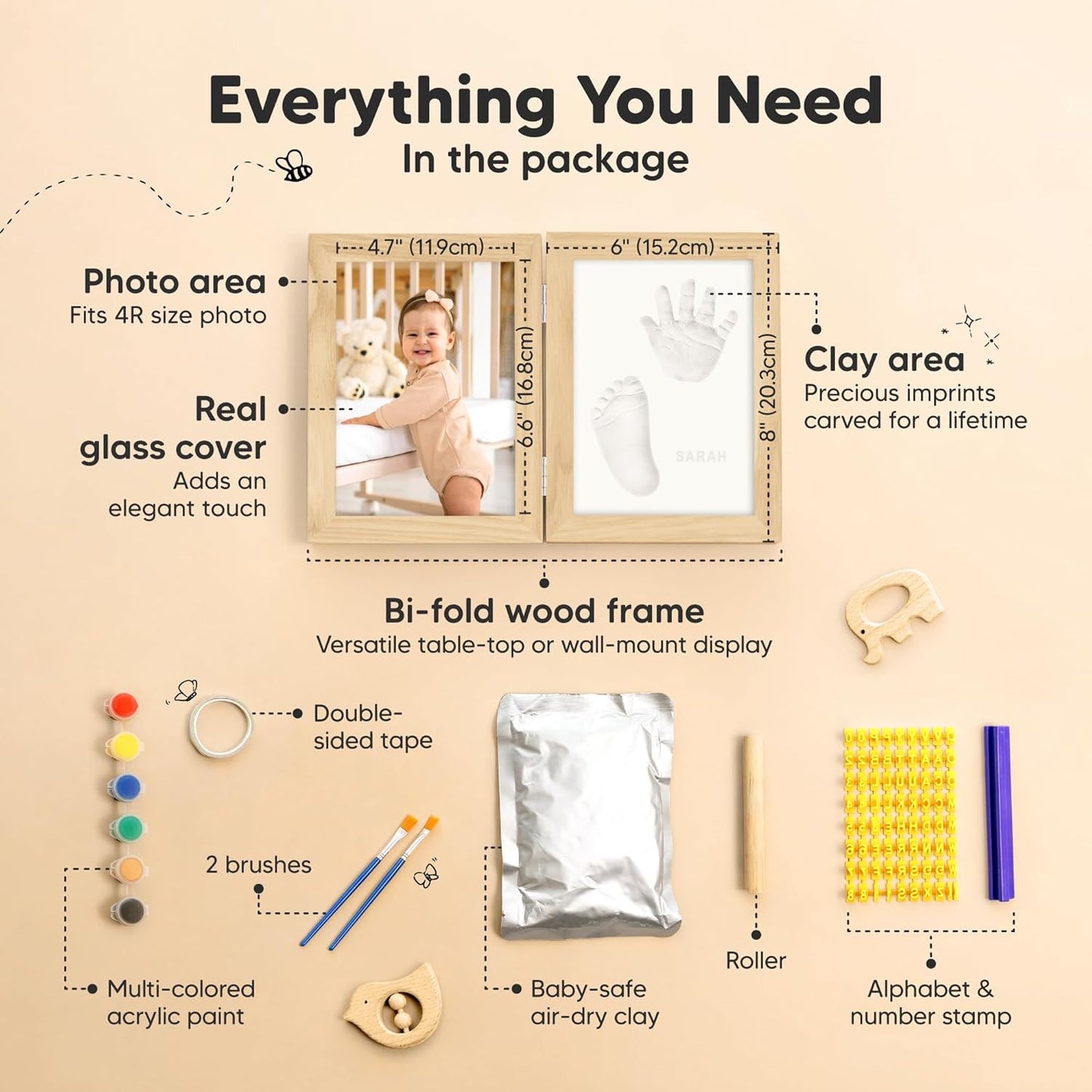 Personalized Baby Hand and Footprint Kit, Quick Dry Clay - Newborn Keepsake Feet and Handprint Kit, Nursery Picture Frame,New Mom Gifts for Baby Showers & Registry(Ash Wood)