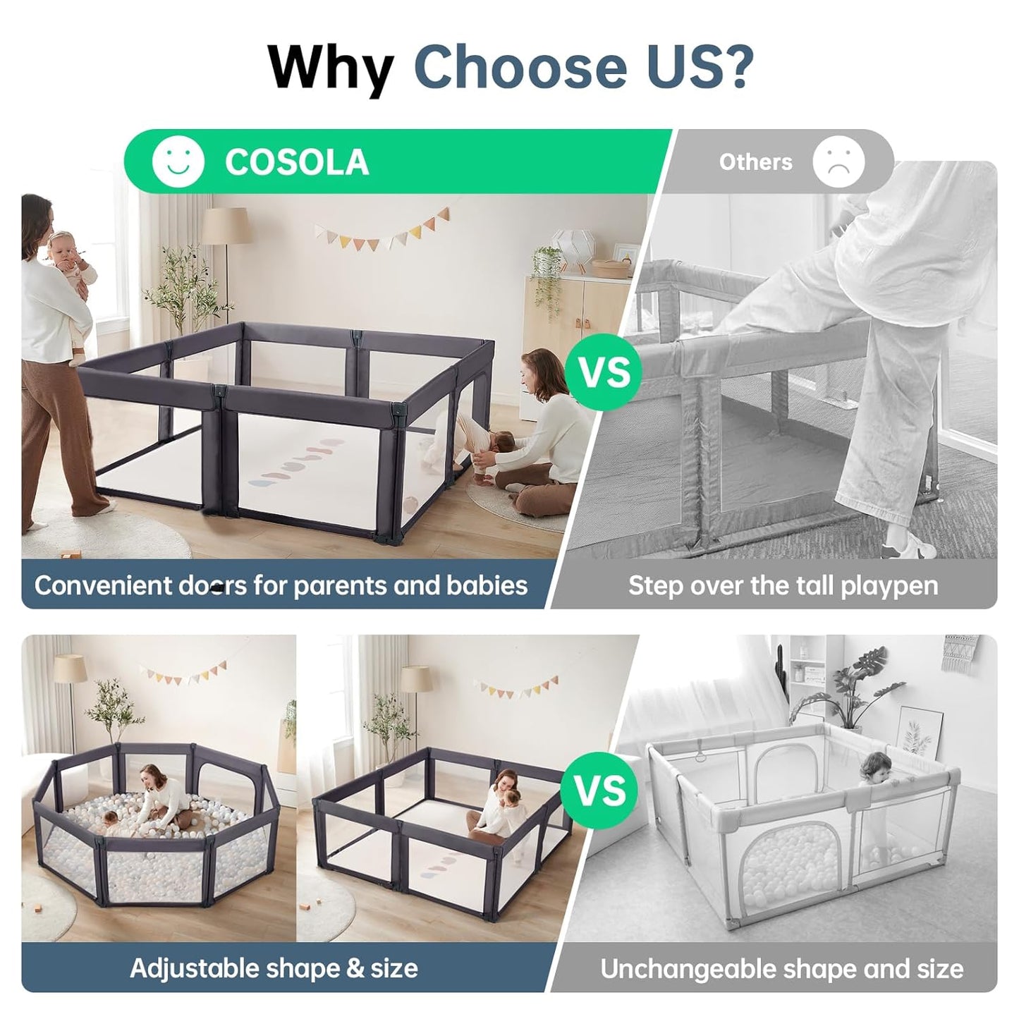 Foldable Baby Playpen, Shape & Size Adjustable Playpen for Toddler, 79x71 Large Play Pens Safety Mesh Foldable Playard for Babies, Portable Baby Fence Play Area Kids Play Pen, Dark Grey