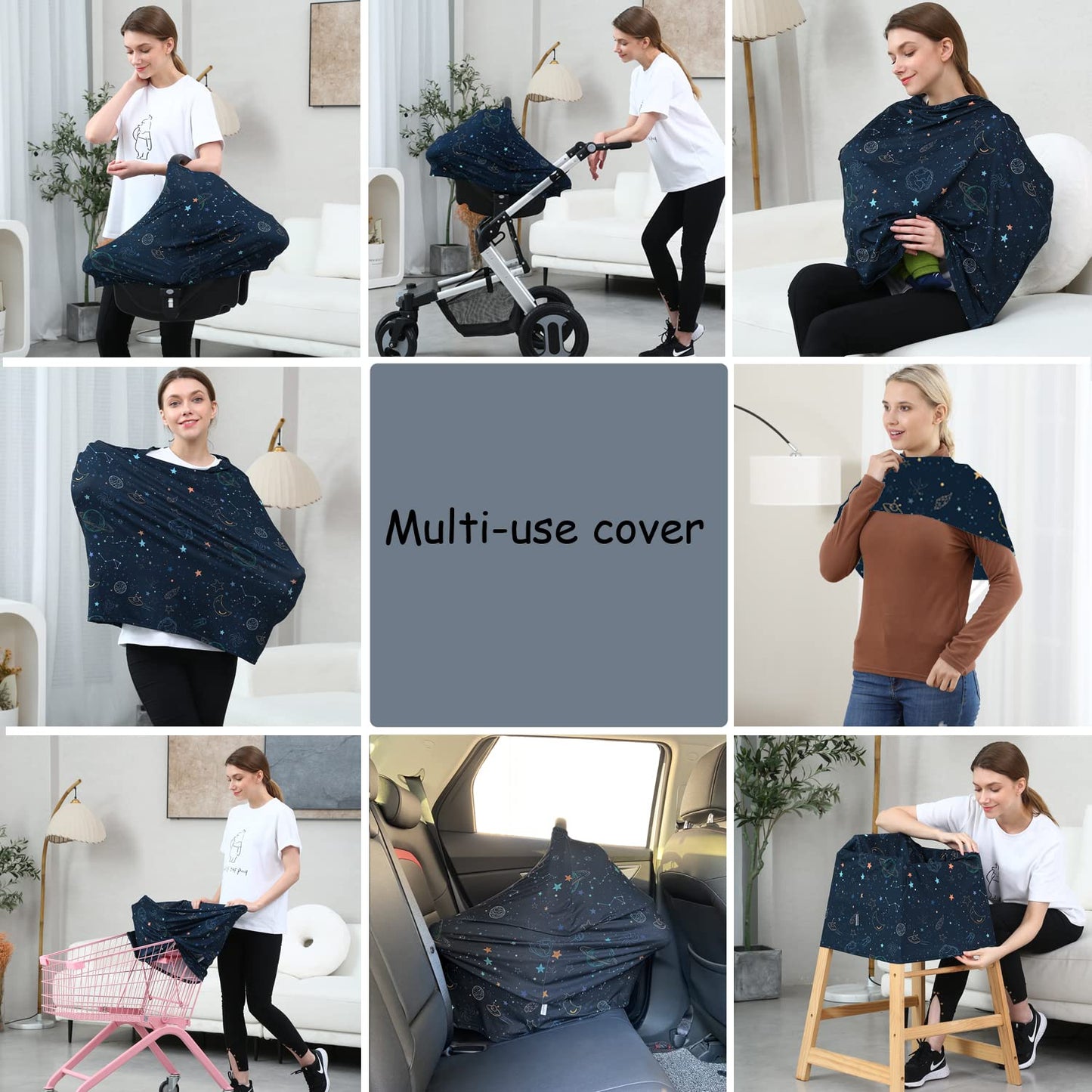 Car Seat Covers for Babies – Multi-use Breastfeeding Cover Carseat Canopy Cover, Infant Stroller Covers for Boys and Girls (Navy Blue Space)