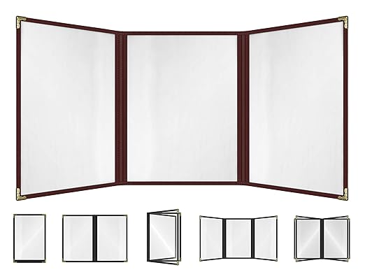 Goodsmart Restaurant Menu Covers – 25 Pack Burgundy 6-View Trifold 8.5" x 11", Side-Loading Vinyl & Plastic Menu Holders, Clear Menu Sleeves, Leather-Style Café Covers with Gold Corners
