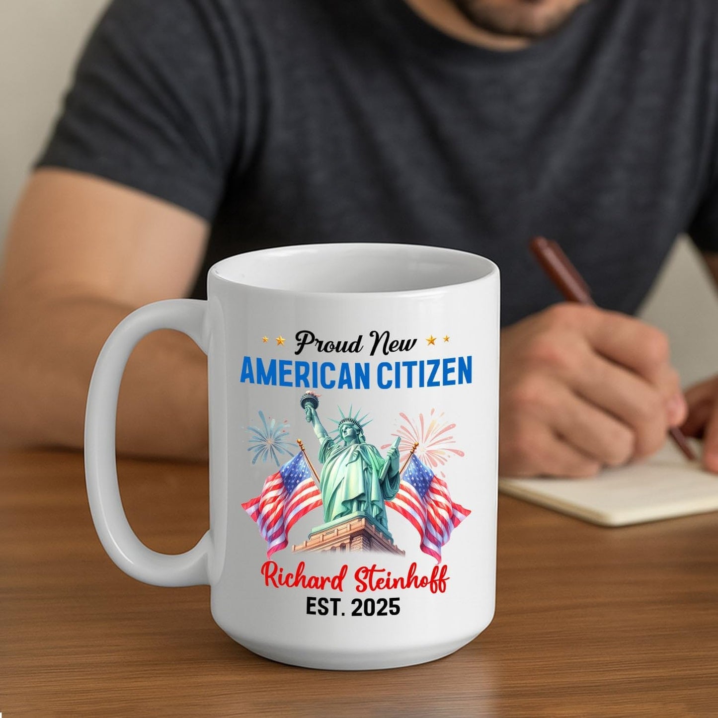 Proud New American Citizen Coffee Cup Gift For Daughter Son Dad Mom, Personalized Proud US Citizen White Coffee Mug With Year & Name, Customized Sunflower & USA Flag Mug, America Welcome Ceramic Cup