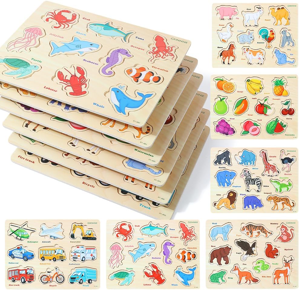 GRINNNIE Wooden Toddler Puzzle for Age 2 3 4 Years Old, 6 PCS Toddlers Learning Puzzle Set - Animal, Fruit, Sea Creature and Vehicle, Educational Toy Birthday for 3-5 Boys Girls