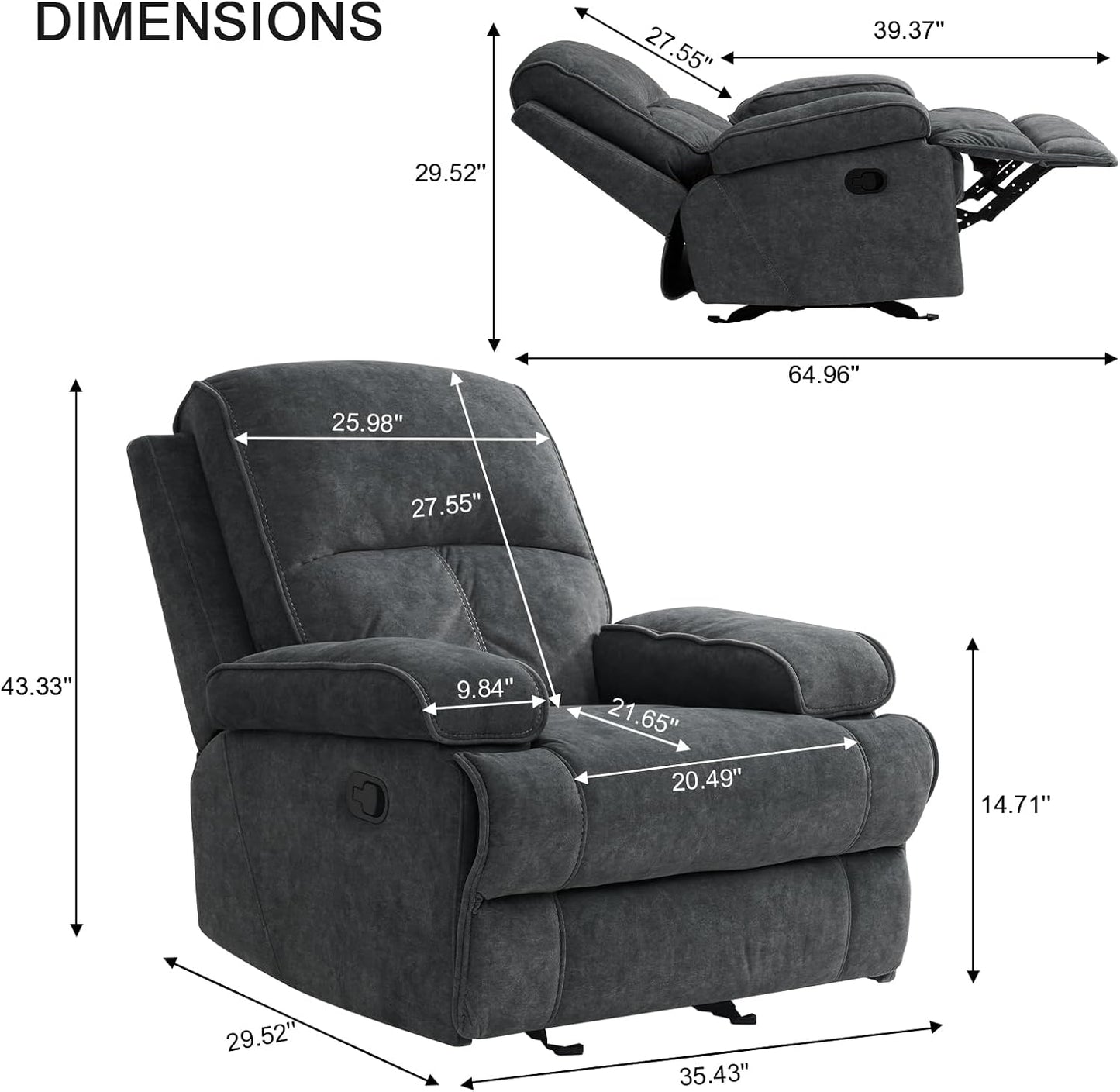 Nursery Glider Recliner Rocking Chair with Extra Large Footrest,Velvet Upholstered Nursing Chair for Breastfeeding for Living Room, Bedroom, Nursing Room (Style A, Dark Grey)