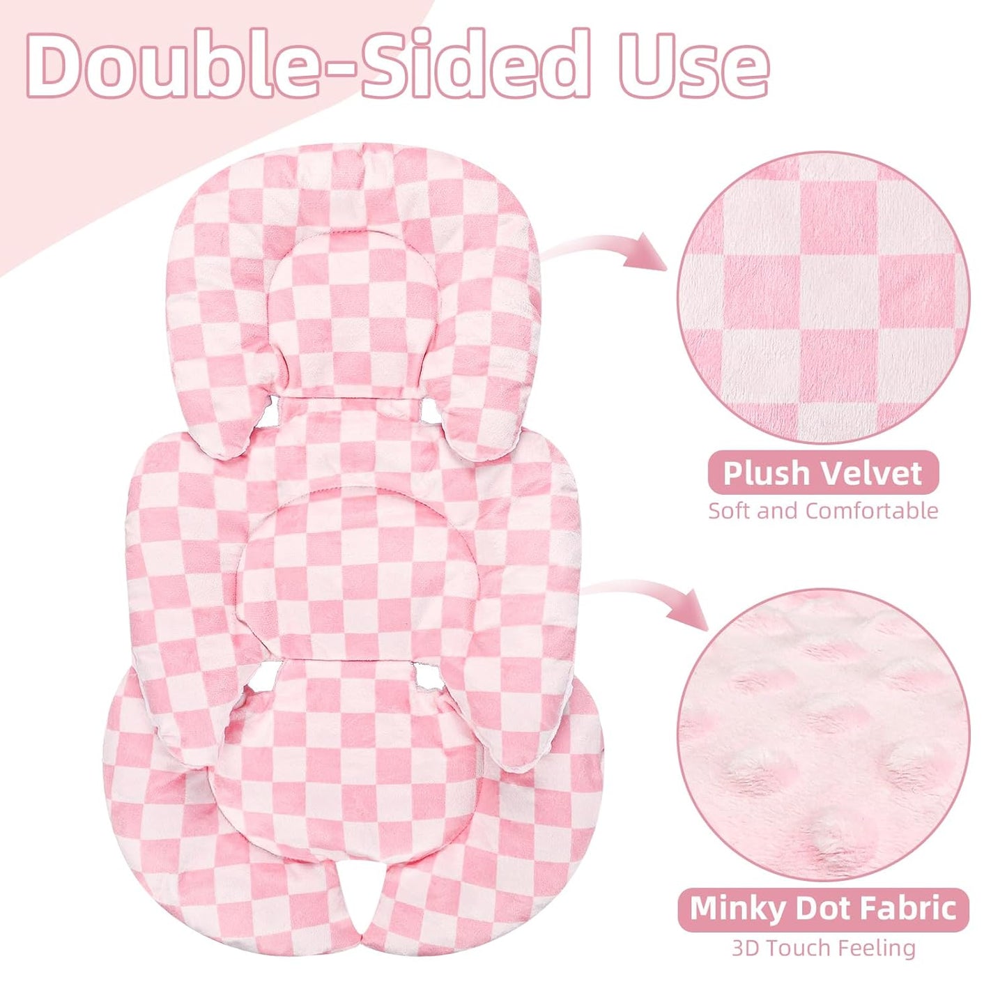 Infant Car Seat Insert Cushion, Baby Car Seat Head Body Support for Girls & Boys, Reversible Newborn Car Seat Insert with 2 Extra Strap Paddings, Premature Car Seat Cushion, Pink Checkerboard