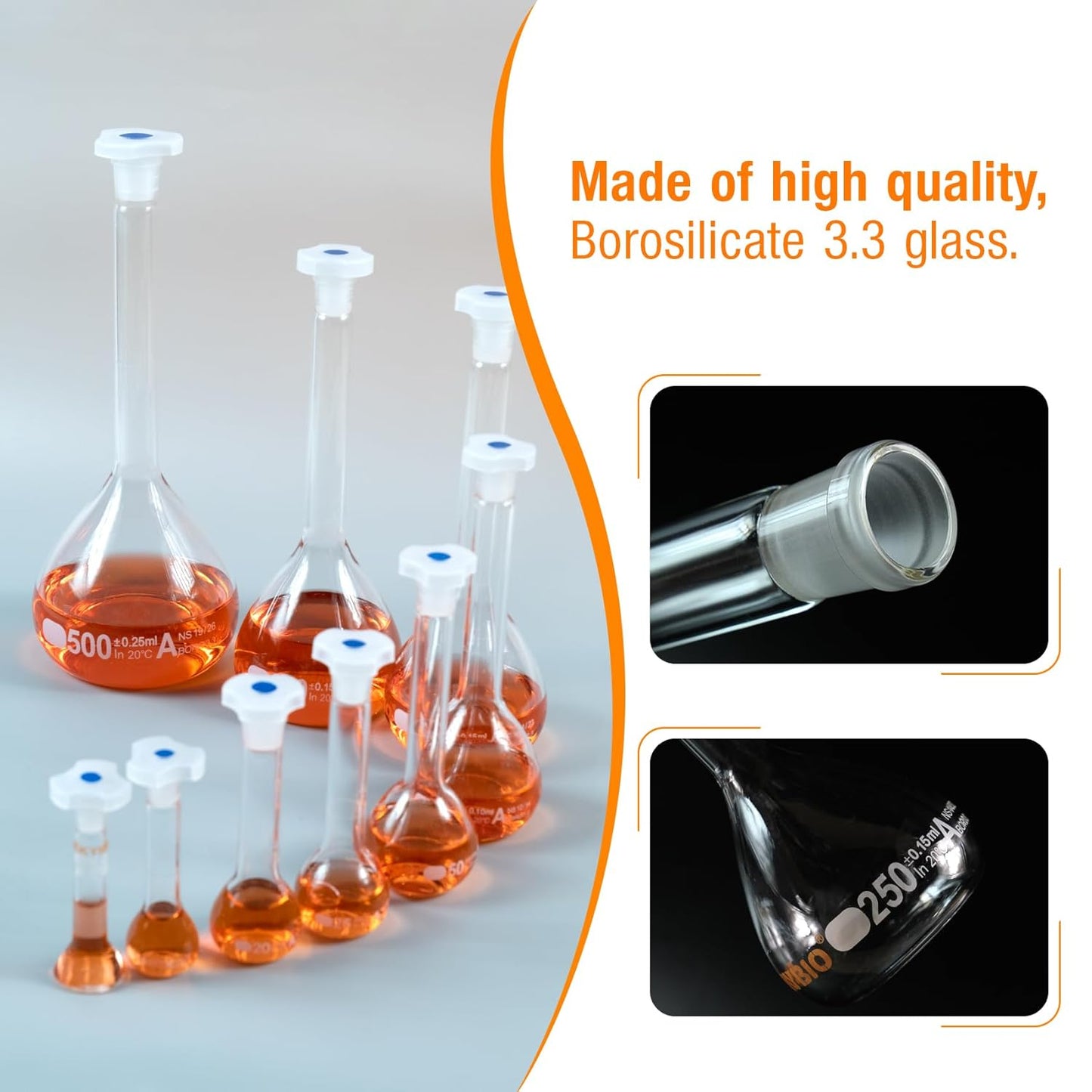 50ML Volumetric Flask Set|ASTM Class A 3.3 Borosilicate Glass|Polypropylene Stopper|White Graduation|for Analytical Chemistry Work|2PCS