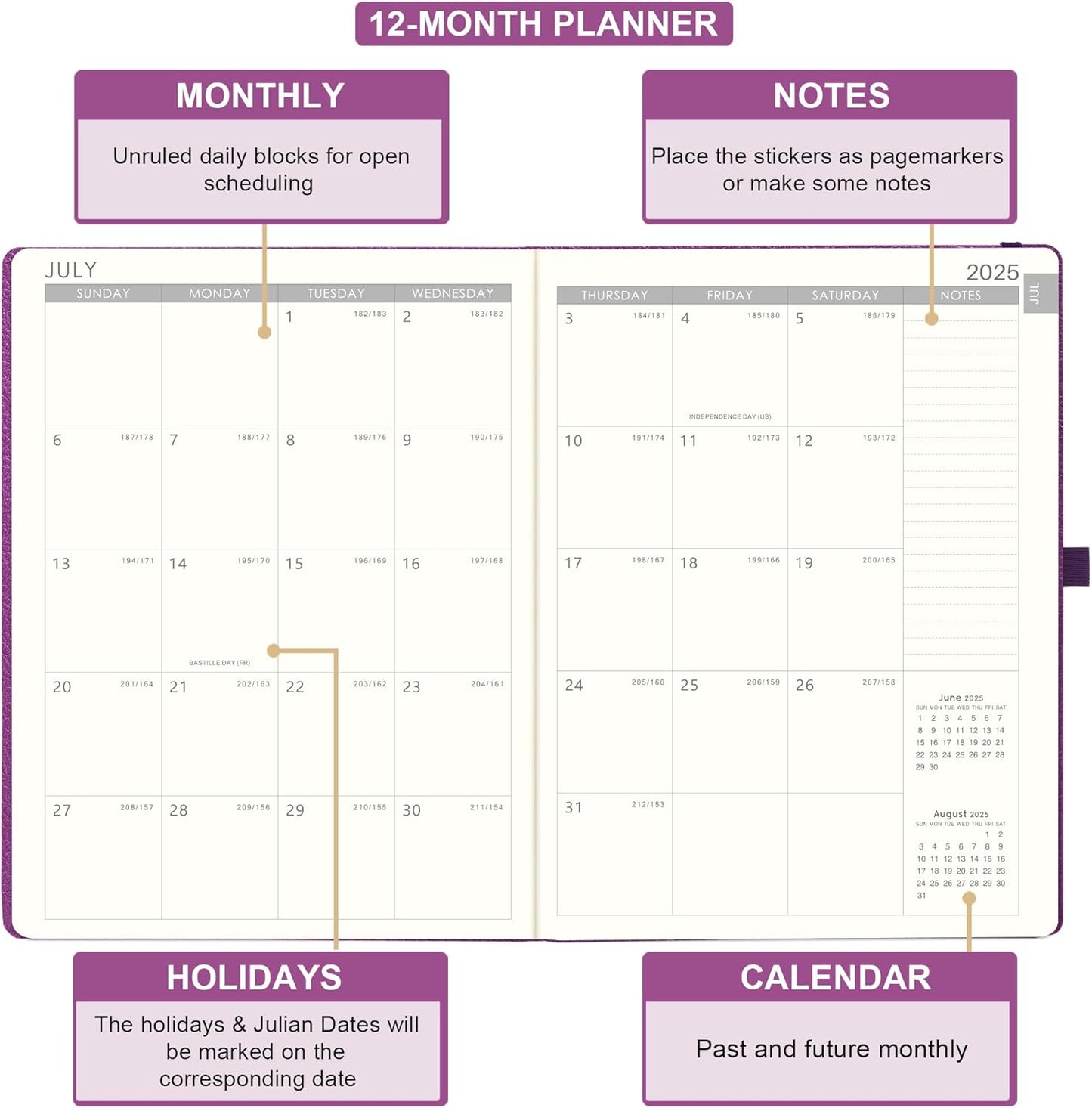 Planner 2025-2026 - JUL 2025 - JUN 2026, Academic Planners 2025-2026, Weekly and Monthly planner, 8.5" x 11", Leather Cover Planners with Thick Paper, Back Pocket with Notes Pages, Purple