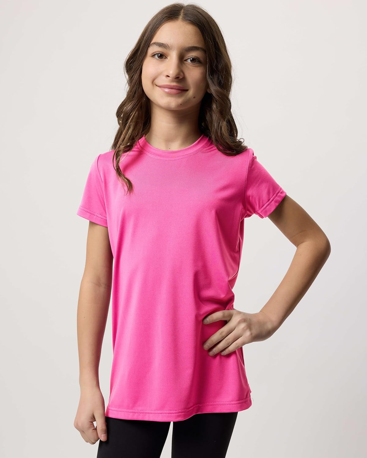 Real Essentials 5 Pack: Girls Short Sleeve Dry-Fit Crew Neck Active Athletic Performance T-Shirt