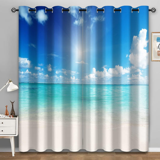 Aimego Ocean Beach Blackout Curtains Tropical Seaside Theme Blue Sea Sky Window Drapes Decor for Bedroom Living Room Grommet Top Room Darkening Curtains 2 Panel Set, 52" X 84"