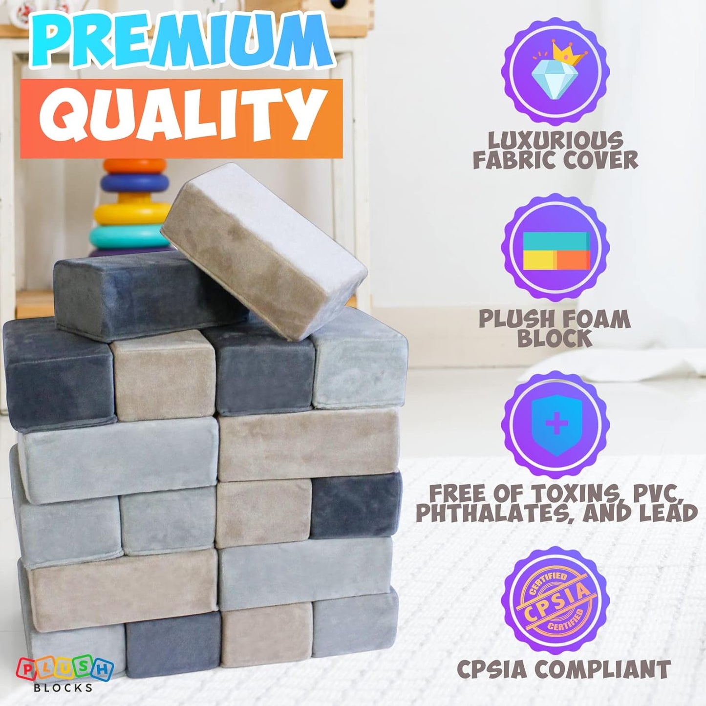 The Original Premium Plush Building Block for Kids - Certified Safe Foam Blocks in Luxuriously Soft Fabric Covers - Set of 24 (Castle Rock)