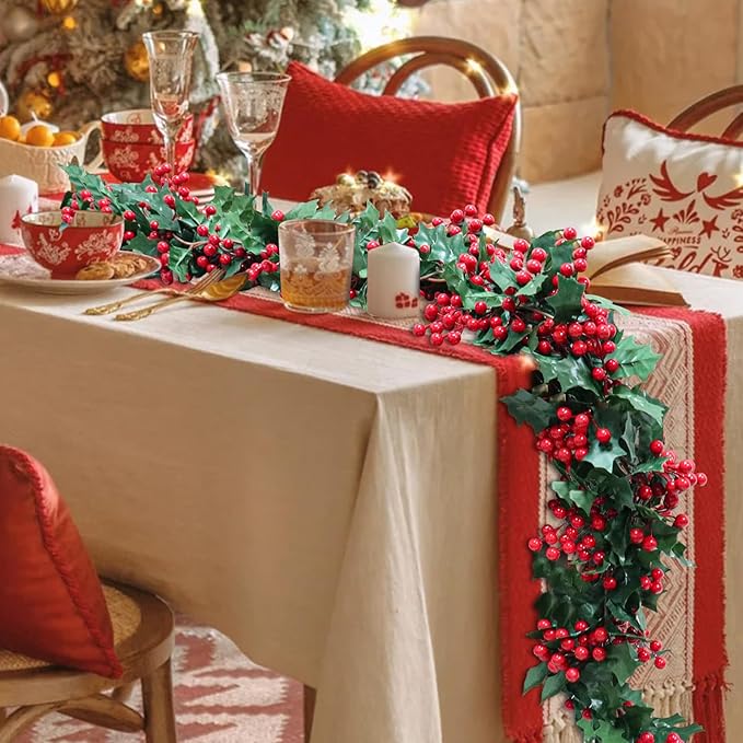 Uguisu 5.6ft Red Artificial Christmas Garland,Eucalyptus Green Garland with Berry Flower Clusters,Artificial Vines for Backdrops, Fireplaces,Dining Tables,Christmas Parties,Indoor and Outdoor Decor.