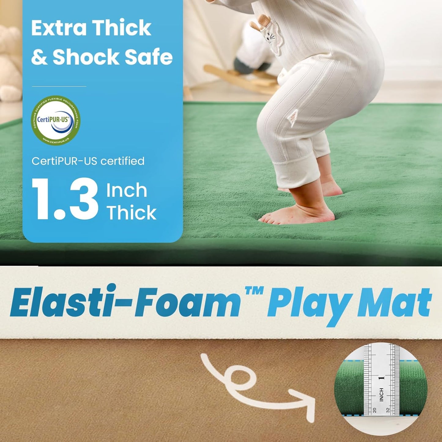 Baby Play Mat for Kids Room,Extra Thick Elasti-Foam Anti-Fall Cushion Mat for Babies,Toddlers,Infants,Water-Repellent&Non-Slip Bedroom Bedside Rugs(Emerald)