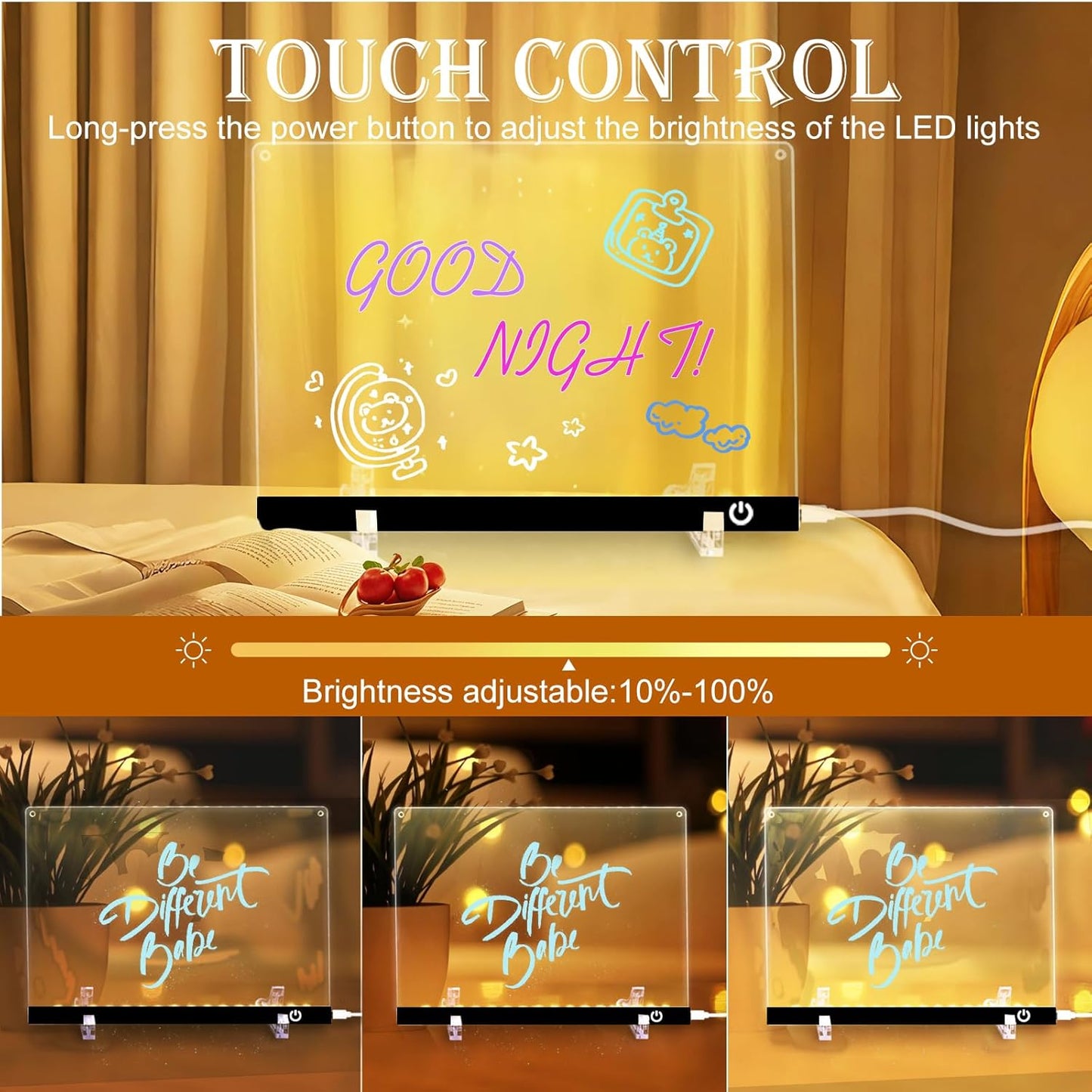 Acrylic Dry Erase Board with LED Light -11.8"x8.5" Clear Glowing Memo,Brightness Level Adjustment,12 Color Markers, Ideal for Office/Home/Kids, Writable Night Light & Desktop Charm (Black)