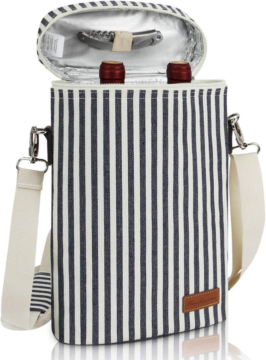 ZORMY 2 Bottle Wine Tote Carrier, Dark Blue, 750 mL Capacity, Polyester Material, With Shoulder Strap and Corkscrew