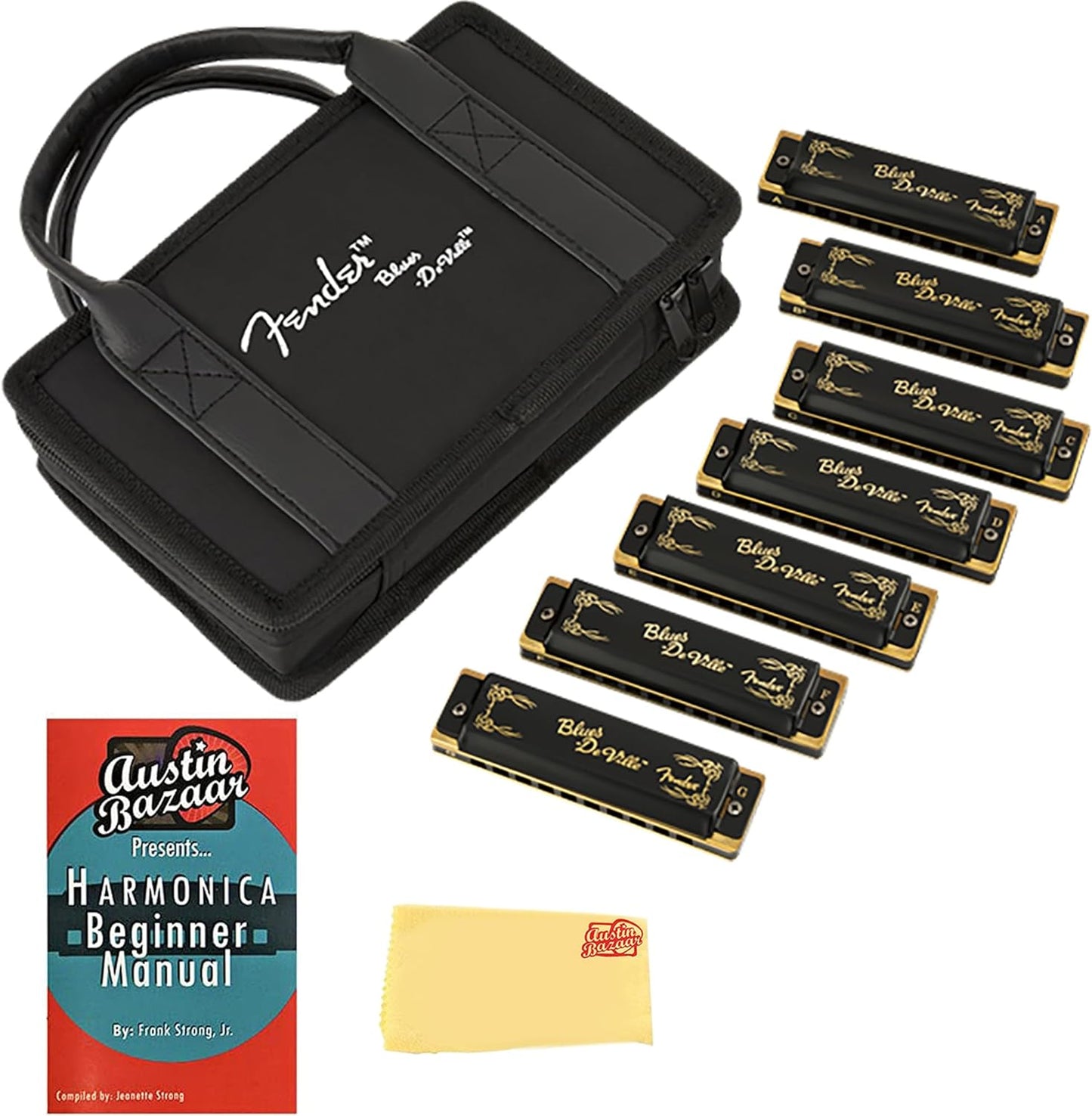 Fender Blues DeVille Harmonica - 7 Pack Bundle with Case, Austin Bazaar Instructional Manual, and Polishing Cloth