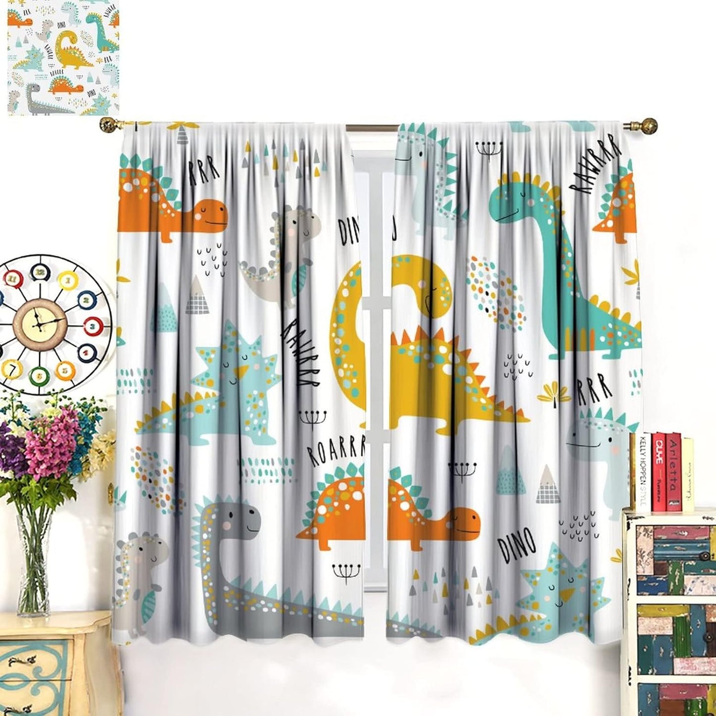Dinosaur Curtains for Kids Boys Girls Home Decor Childish Cute Dino Animals Print Pattern Rod Pocket Blackout Window Drapes for Nursery Baby Bedroom Playroom W42xL84in 2 Panels