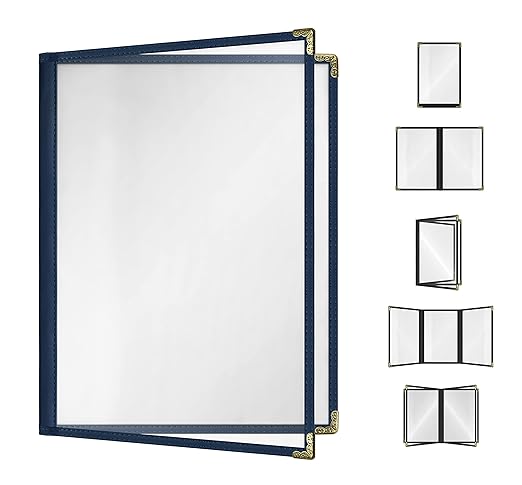 Goodsmart Restaurant Menu Covers - 25 Pack Blue 8.5" x 11", 2-Page/4-View, Side-Loading Vinyl Menu Holders, Clear Sleeves, Double-Stitched Edge, Leather-Style Café Menu Covers with Gold Corners